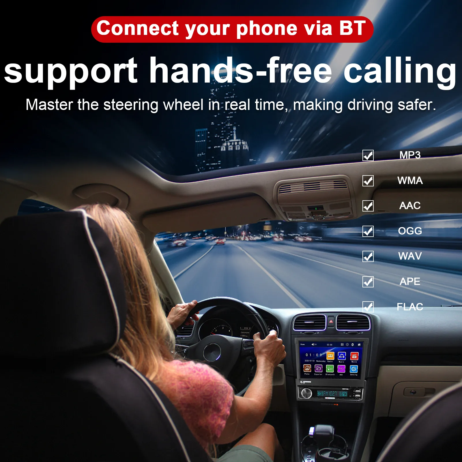 Retractable Car Multimedia Player With 7 Touch Screen, Navigation