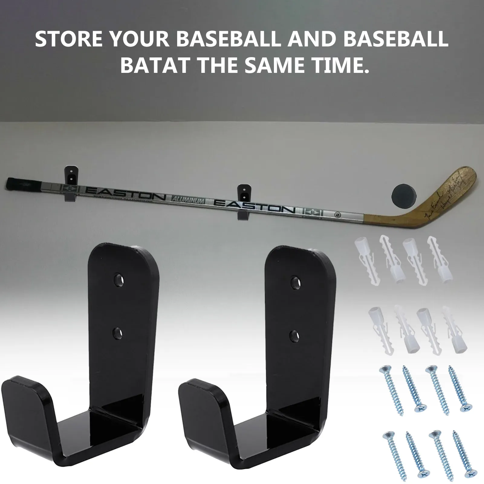 Hockey Stick Wall Mount Display Brackets – Black Plastic, Holds Senior Sticks (Made In USA)