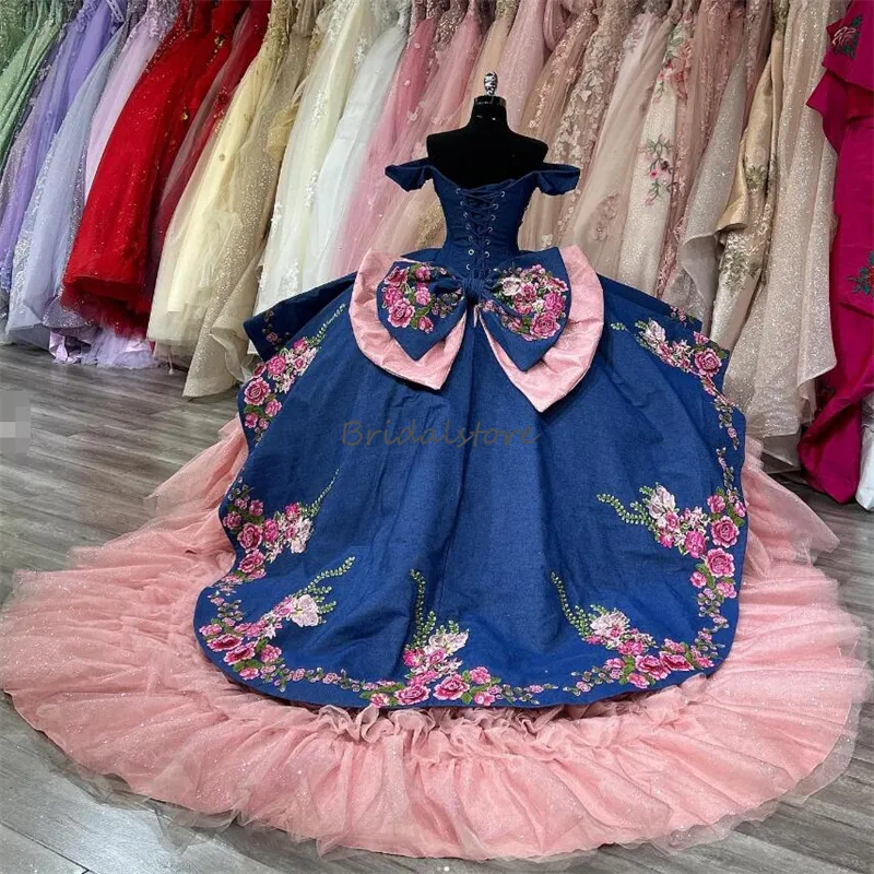 Off Shoulder Mexican Navy Pink attire for quinceanera with Colorful Flowers and Bow Detail Perfect for Fifteen Birthday Sweet 16 Debutante and Pageant