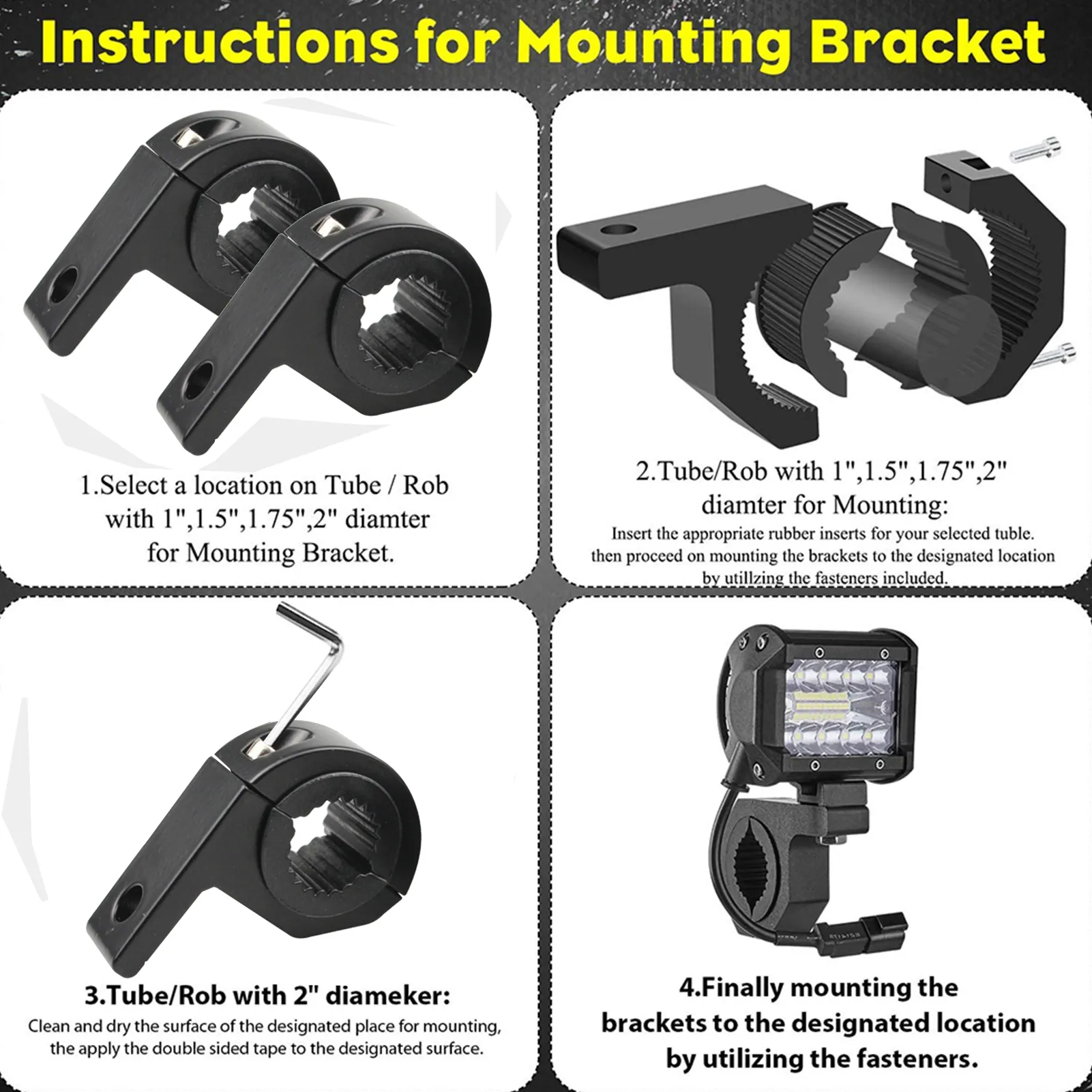 thumbnail image 2 of DW LED Light Bar Mount Brackets – Clamp Style, Fits 1.75" To 2" Roll Bars, 2-Piece Set 2 of 3