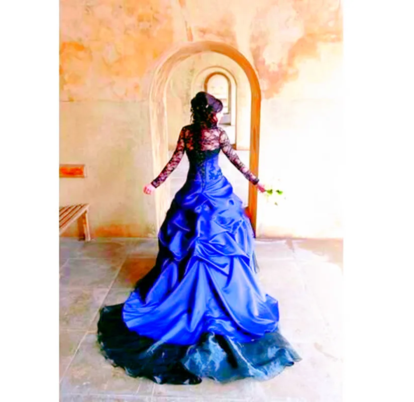 Royal Blue And Black Gothic Wedding Dresses With Lace... From  Dreamweddings, $144.15