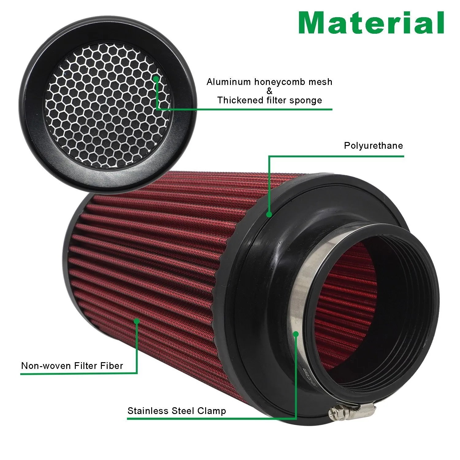 Tall 3 Inch Red Cold Air Intake Cone Filter - Universal Fit, 76mm Base