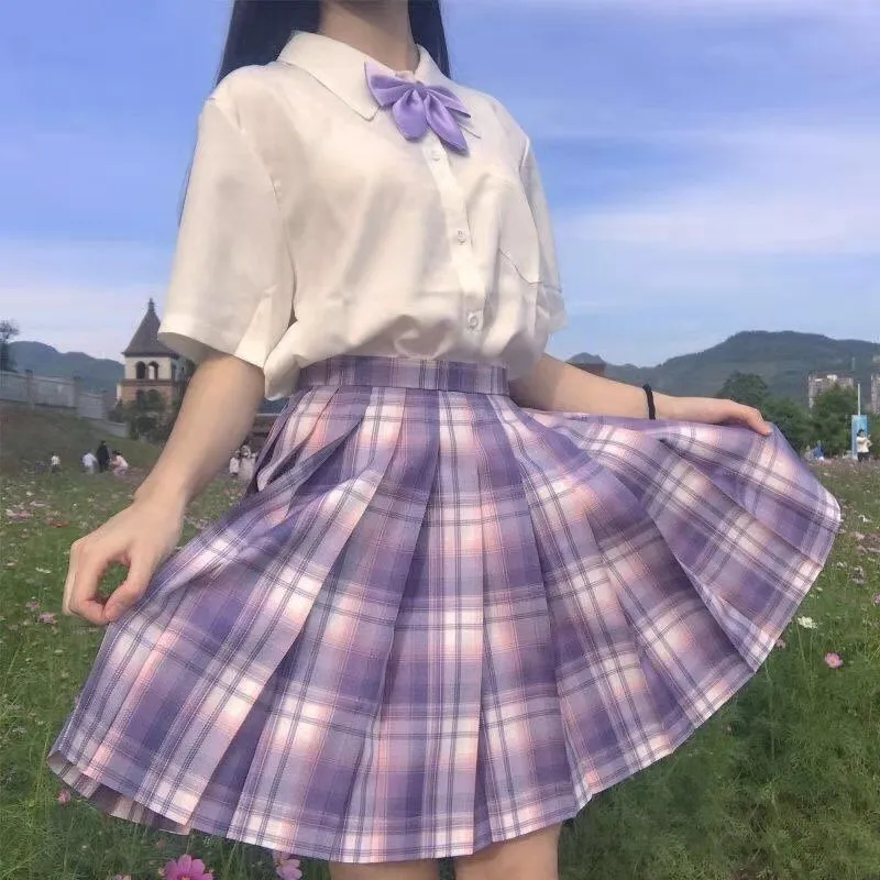 Preppy Style Plaid Skirts Sets: 2-Piece White Shirt Purple Mini Skirt