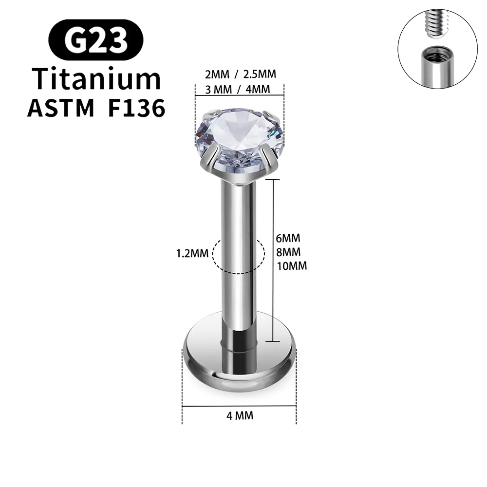 Screw In Nose Stud G23 Titanium 16G 6/8/10Mm Clear Cz/Opal Internally Threaded Labret Monroe Lip Studs 6mm Helix Cartilage Tragus Earring Piercing H3151 Titanium Labret Threadless