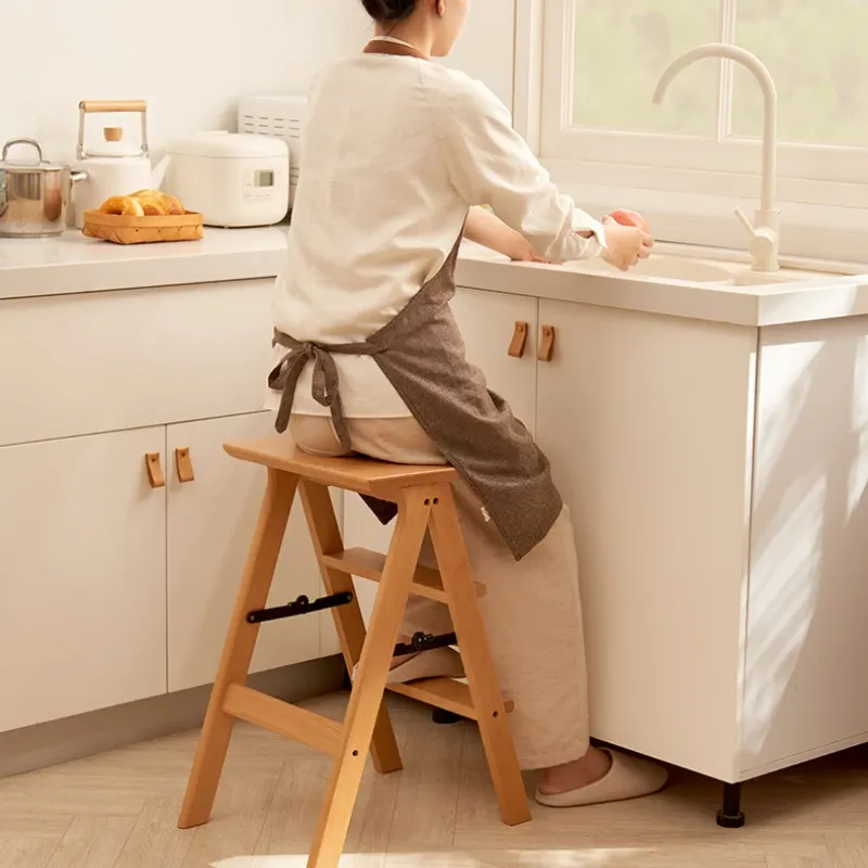 Bar Stool Wooden Step Ladder For Kitchen 3-Step Folding Ladder