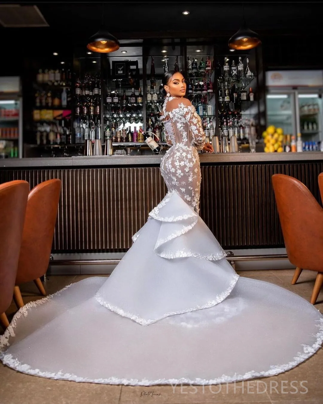 Plus Size Mermaid classy dresses for wedding with Detachable Train, Sheer Neckline, Long Sleeves, and Illusion Beaded Lace - Perfect for Black Brides