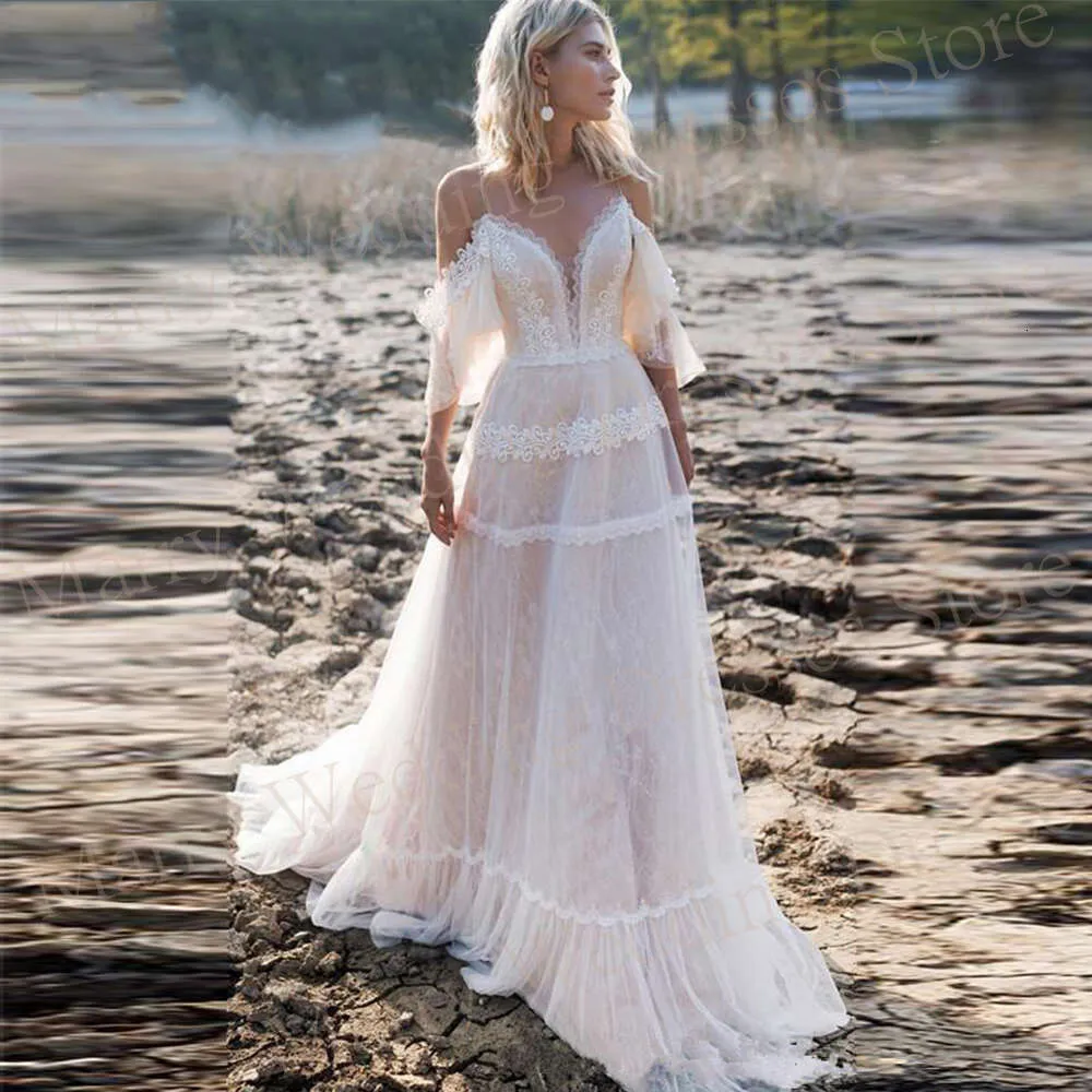 women beach wedding dress Lace Tulle Beach Wedding Dress with Strappy Back – loveangeldress main image 0