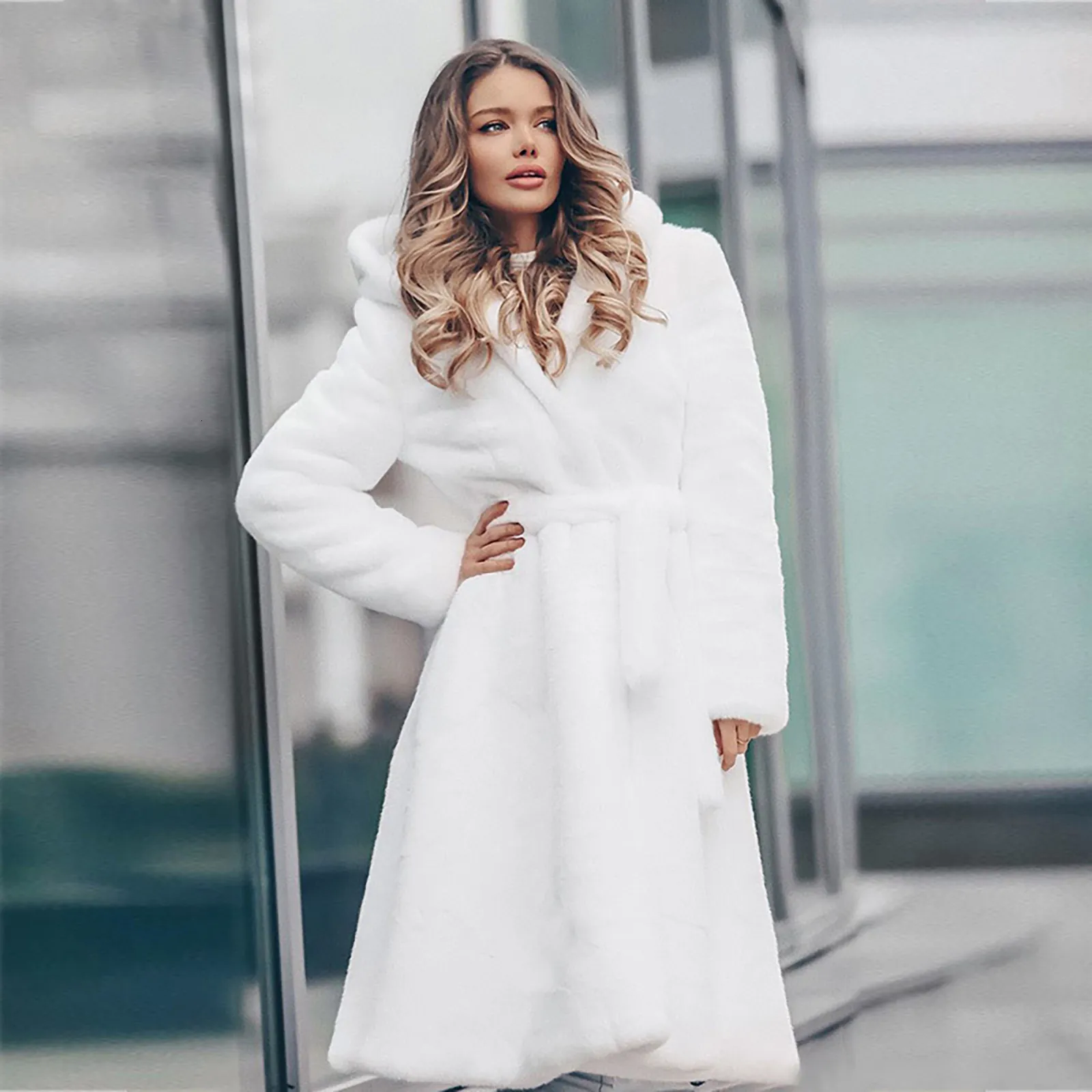 HOT Full Length Long White Faux Fur Coat Womens Faux Fur Coat