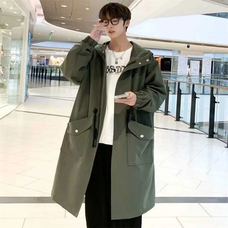 Mens Trench Coat Hoodie: Windproof Black Jacket, Loose Fit, Spring