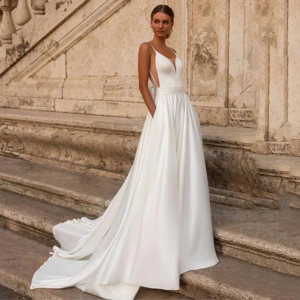 Deep V Bridal Gown: Elegant A Line Satin Wedding Dress Sleeveless