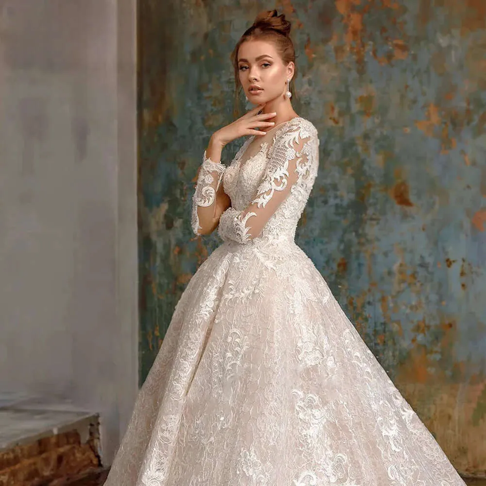 princess style wedding dresses long sleeve Princess Wedding Dress Lace Long Sleeves High Neck Lisposa