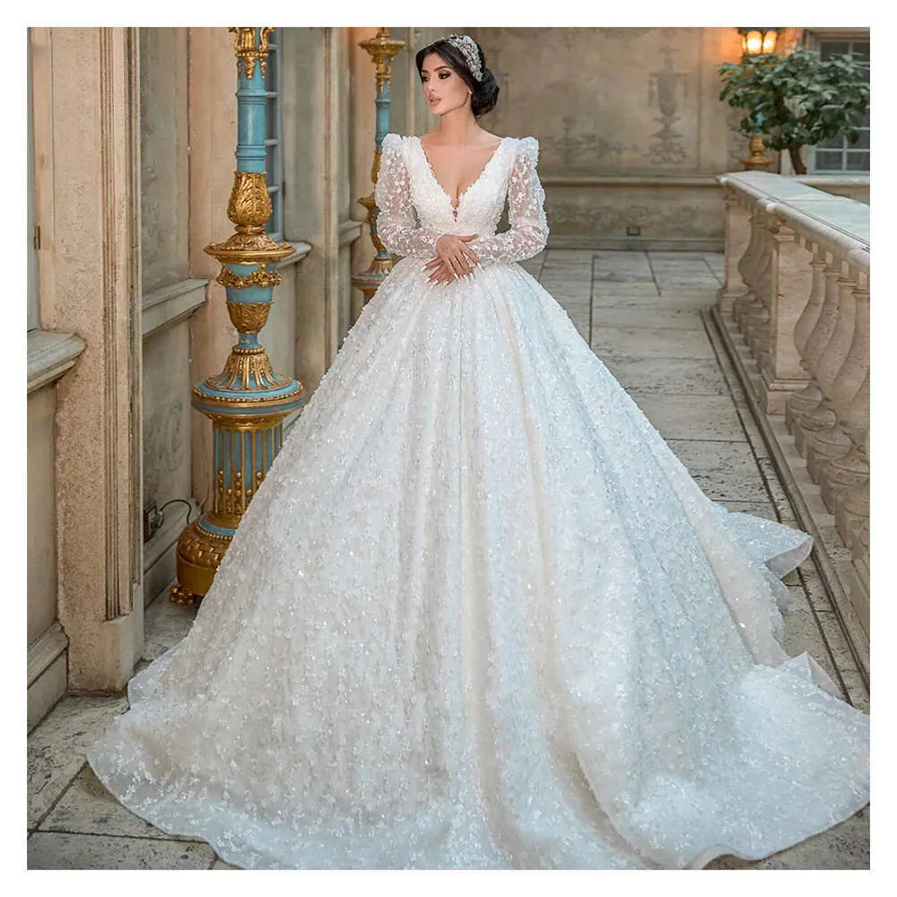 strapless open back dress Long Princess Tulle V Neck Sequins Lace Appliques Wedding Dress main image 0