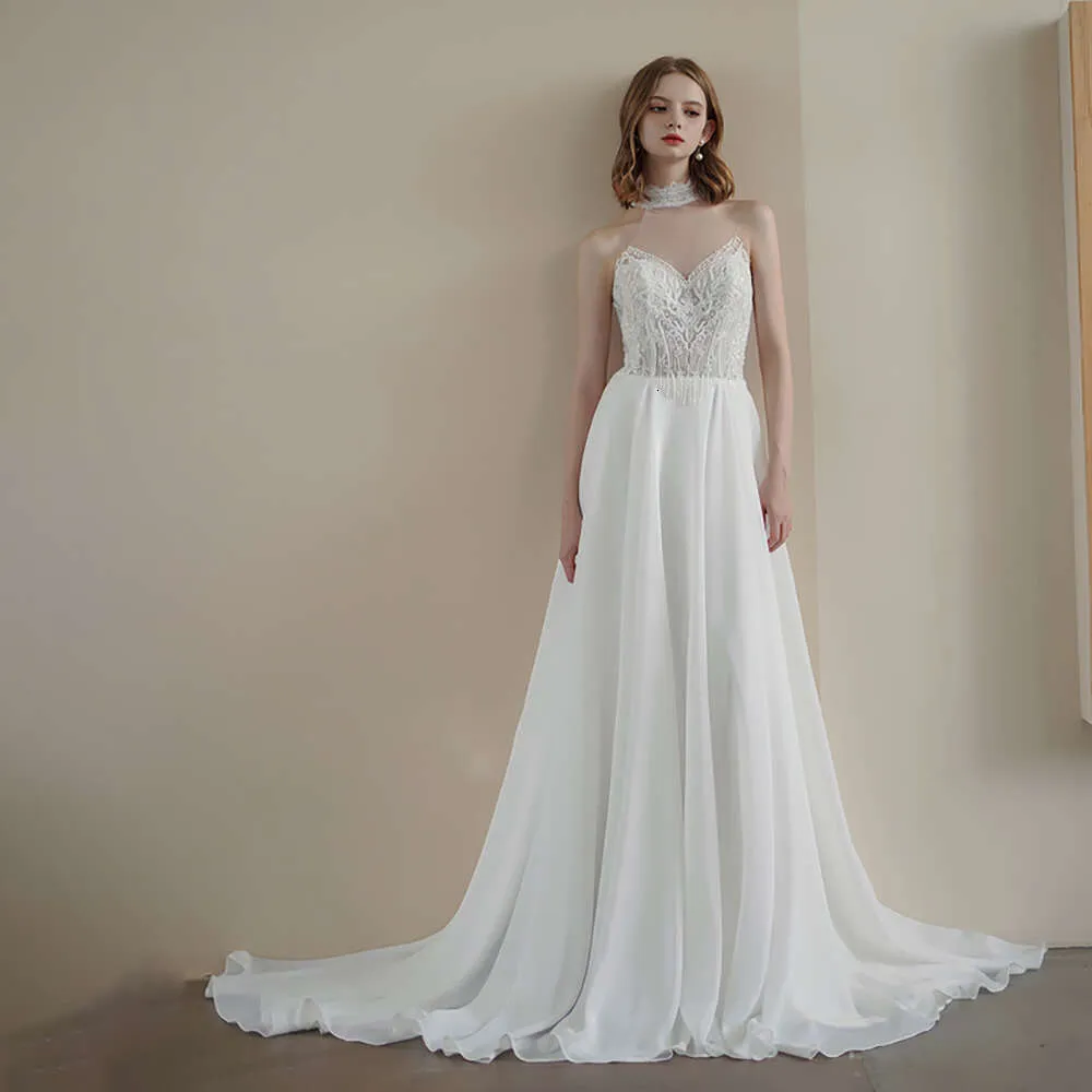 Satin Lace Halter Neck Deep V Wedding Dress with Nail Beads, Slim-Fit A-E , Small Train, and Sexy Backless
