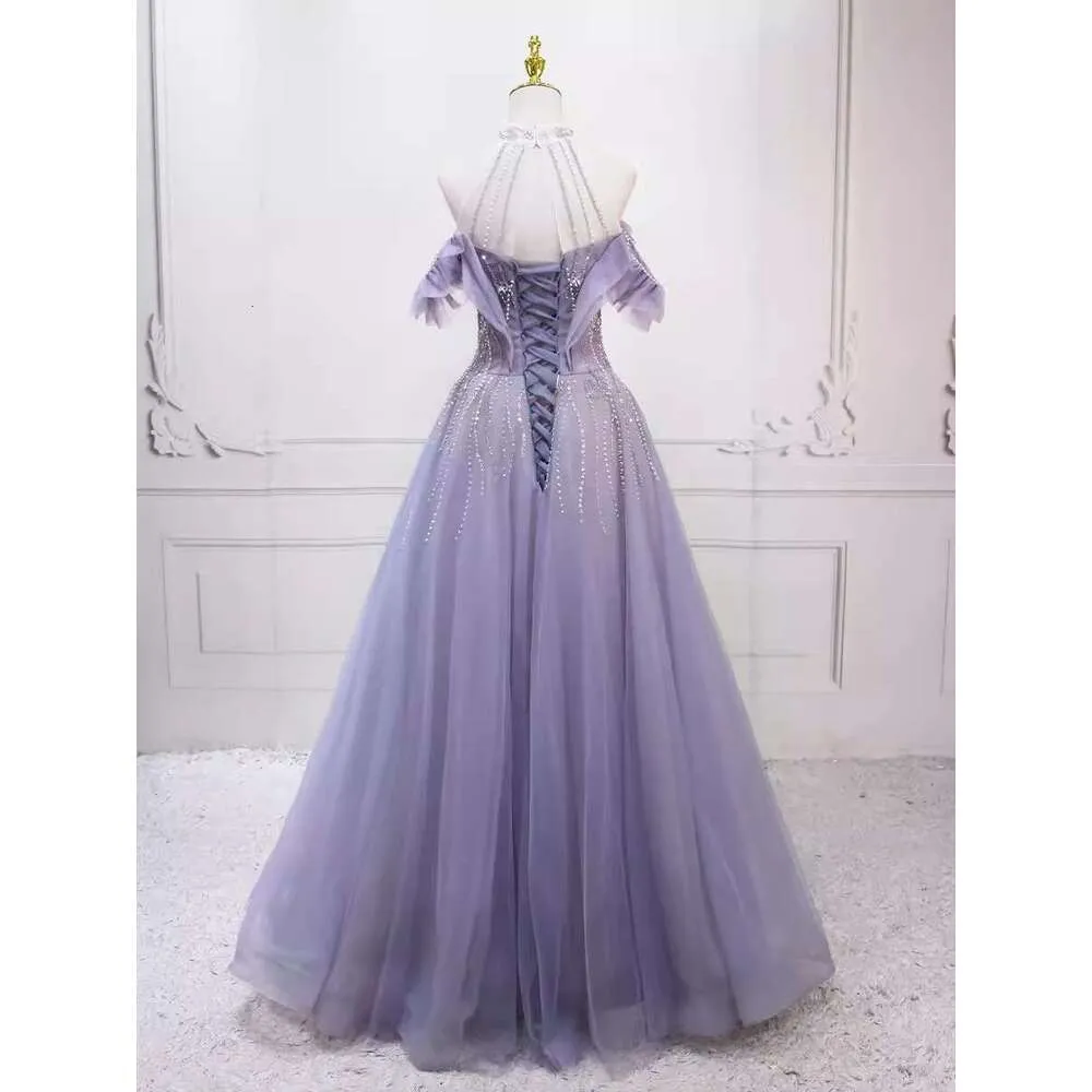 the real real evening dresses 2024 High Neck Crystal Pearl A-Line lavender evening dress for Women