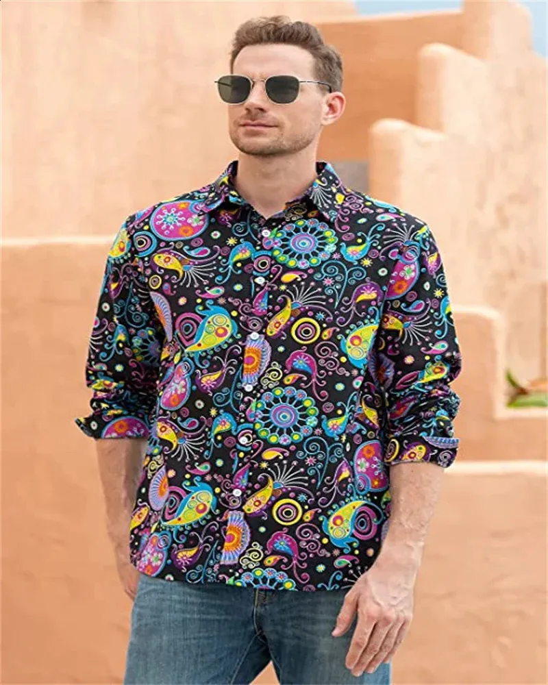 QZH.DUAO Men's 70s Disco Linen Shirt – Floral Paisley Vintage Top, Long Or Short Sleeve, Size Medium - View #7
