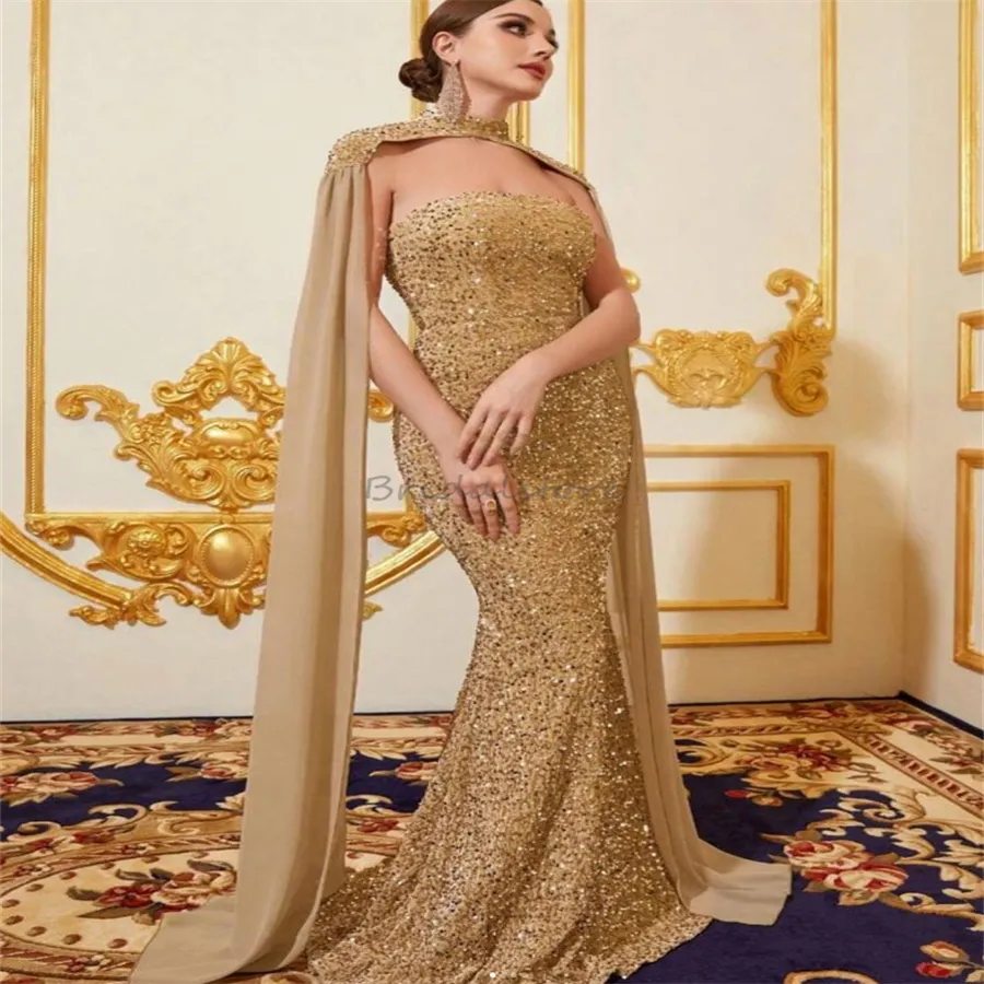 Sparkly Gold Sequin Prom Dresses With Cape Dubai Arabic Glitter Backless  Evening Dress 2025 Gorgeous Strapless Mermaid Formal Occasion Party Gowns  Birthday From Bridalstore, $120.11 | DHgate.Com