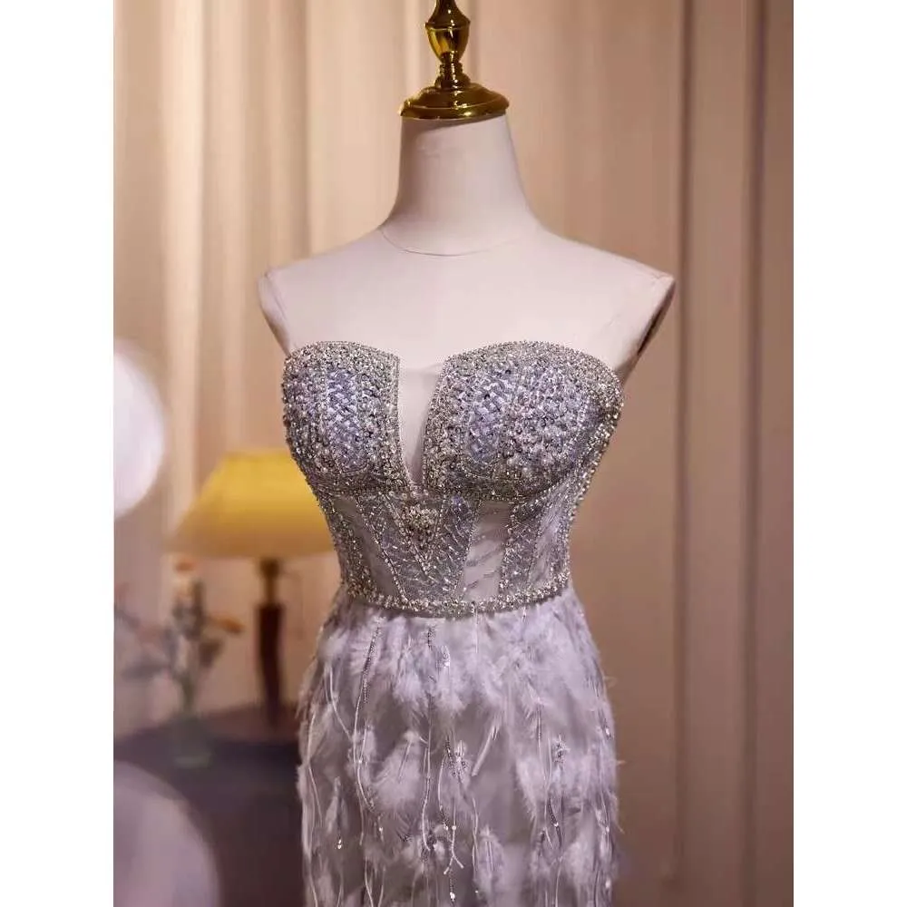 Grey Beaded Feather Mermaid silver sequin cocktail dress - 2024 Collection