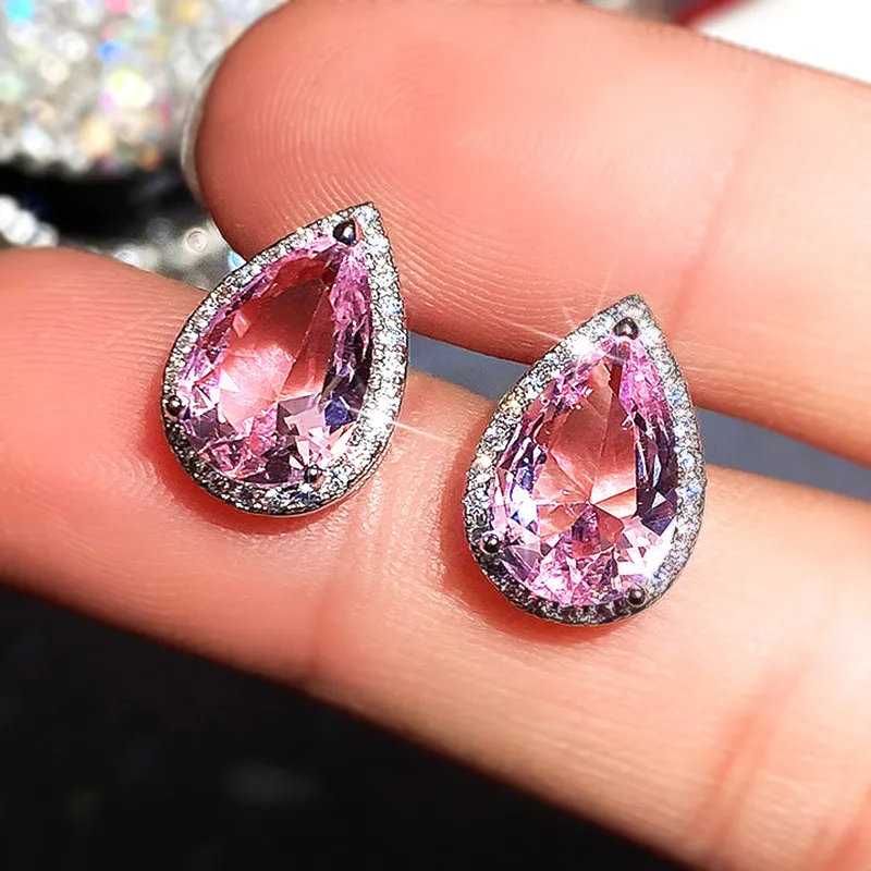Klassische Wassertropfen Ohrstecker Mit Rosa Zirkonia Silber 925_voghion.com