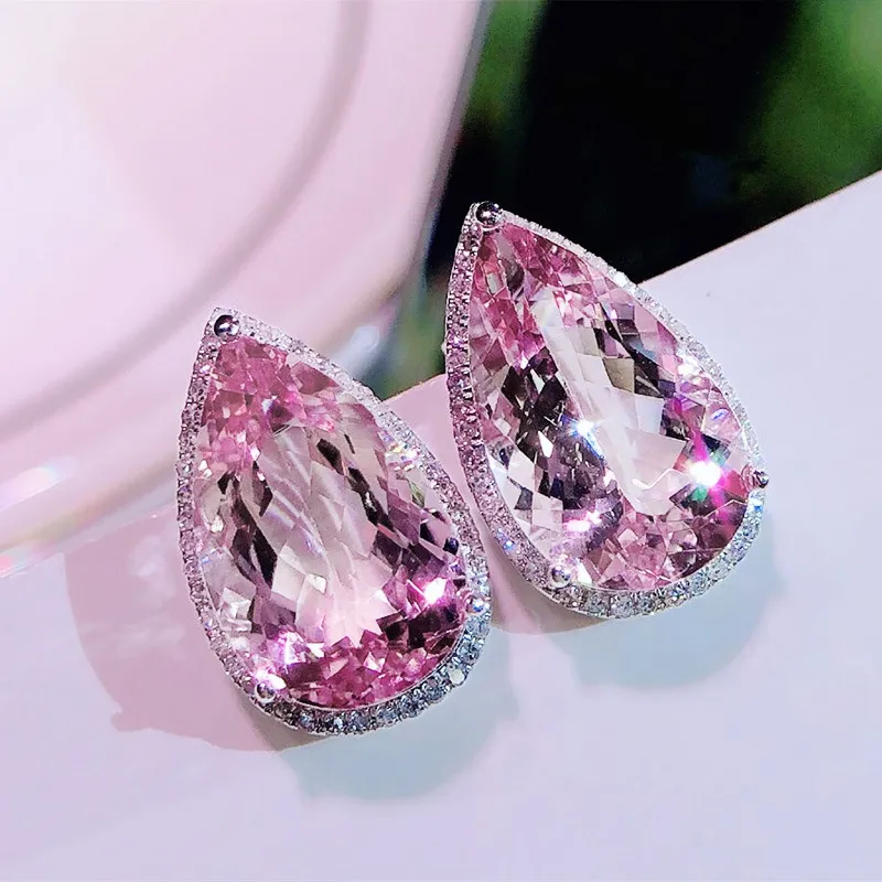Klassische Wassertropfen Ohrstecker Mit Rosa Zirkonia Silber 925_voghion.com
