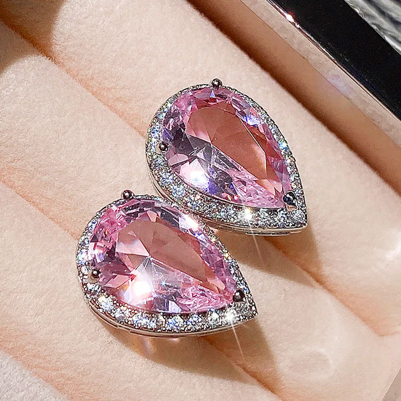 Klassische Wassertropfen Ohrstecker Mit Rosa Zirkonia Silber 925_voghion.com