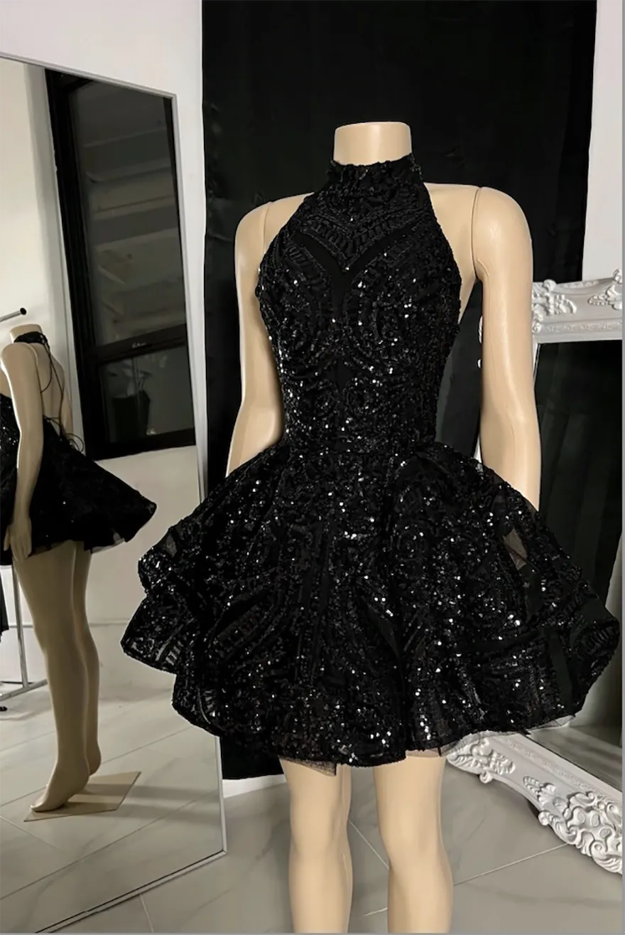 Halter Black Short Tutu Skirt Black Sequined Halter Neck Mini
