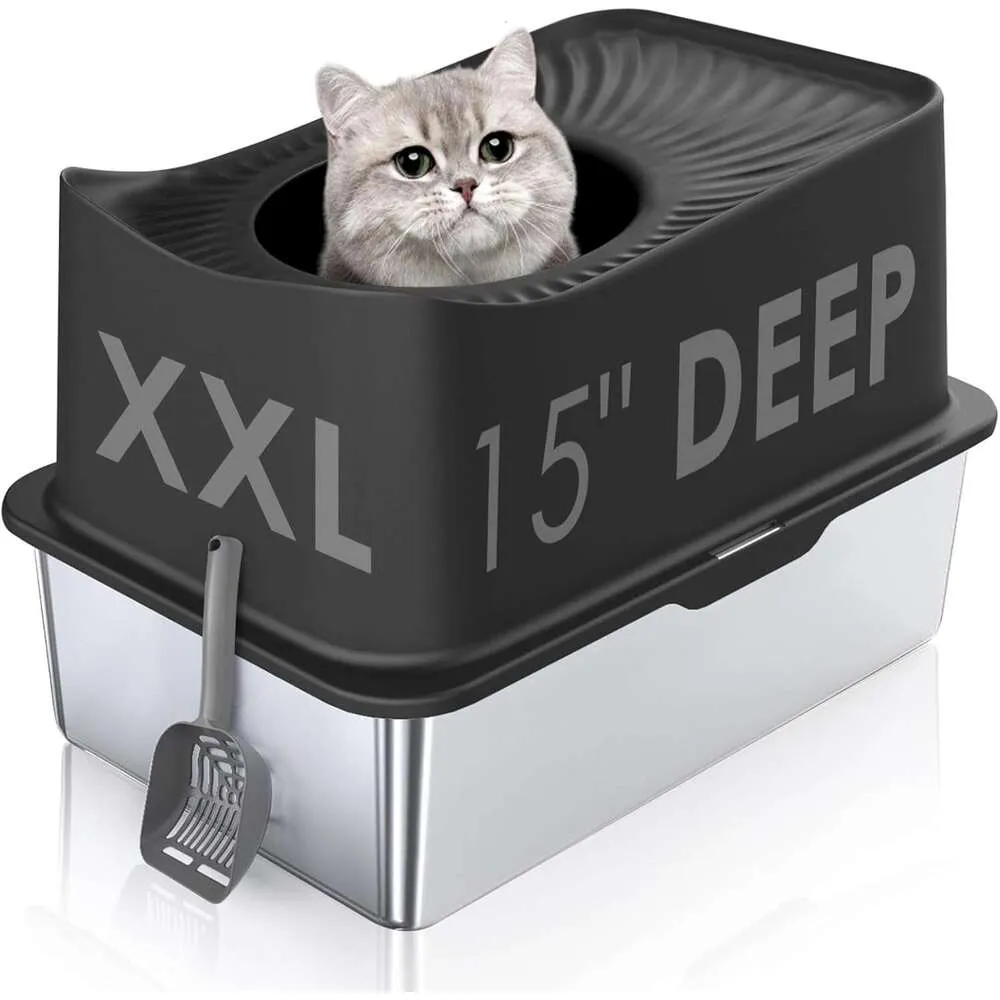 Extra Large Stainless Steel Cat Litter Box with Lid Top Entry