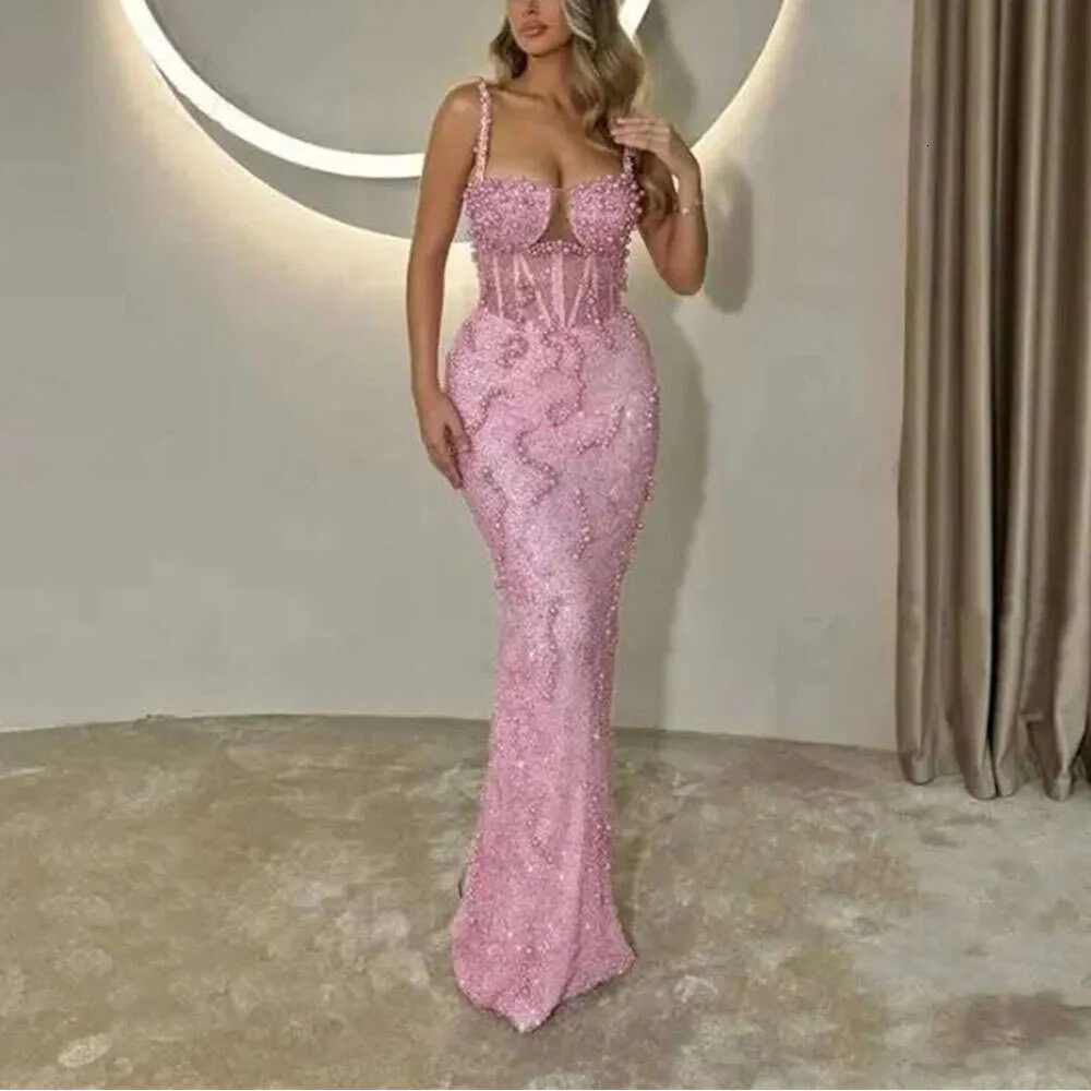 Plus Size Pink Mermaid Purple Sequin Prom Dress with Pearls and Spaghetti Straps - Perfect for Formal Parties, Bespoke Events, and Special Occasions