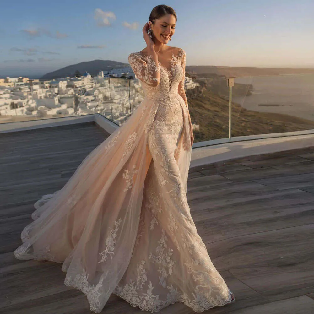 mermaid wedding dresses with long train Custom Made 2-Piece Lace Dress soft tulle skirt flows into a sweeping train for added drama and movement Sweetheart Neck Off The Should