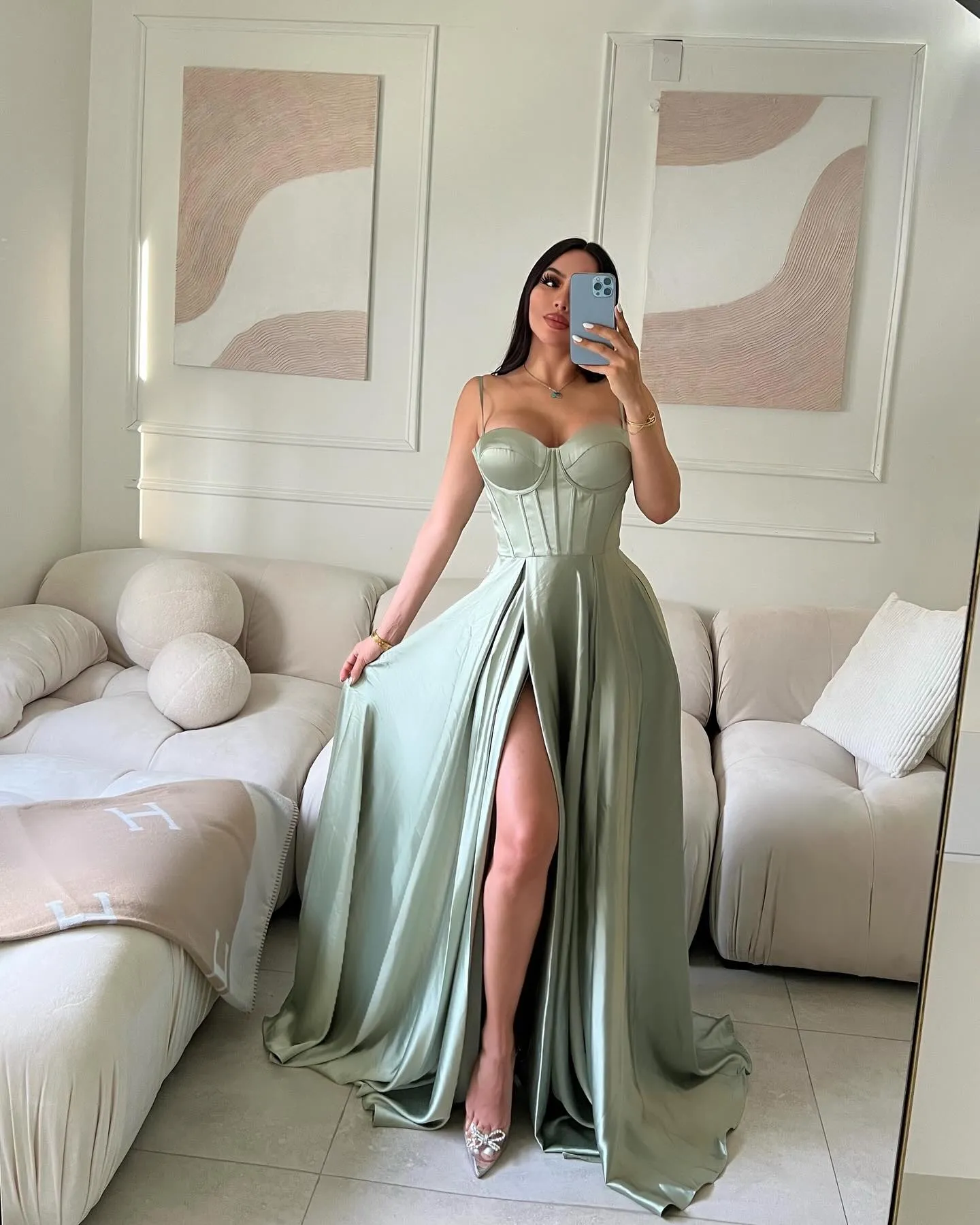 slim fit dress slacks Sage Green Cowl Neck Backless Mermaid Long Prom Dress – Modsele main image 1