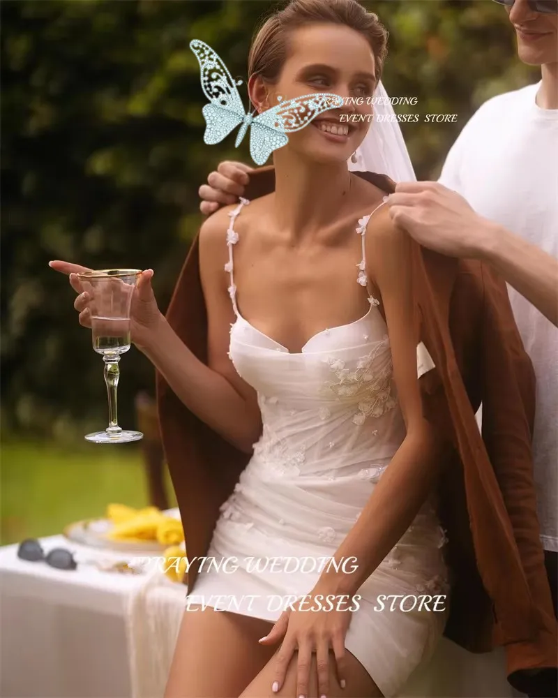 short spaghetti strap wedding dress Spaghetti Straps Tulle A-Line Mini Wedding Dress in White, White / 30