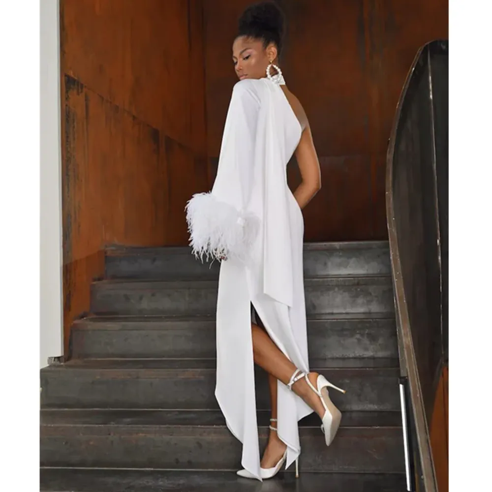 White Feather One Shoulder sheath wedding dress sleeves with Side Slit and Ankle Length for Women - Perfect for Celebrity Events and Weddings White Feather One Shoulder sheath wedding dress sleeves with Side Slit and Ankle Length for Women - Perfect for Celebrity Events and Weddings