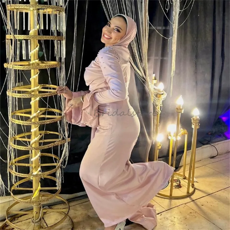 Custom-Made Pink evening gowns with Beaded Long Sleeves - Elegant Dubai Arabic Prom, Engagement, Birthday Gown for Women