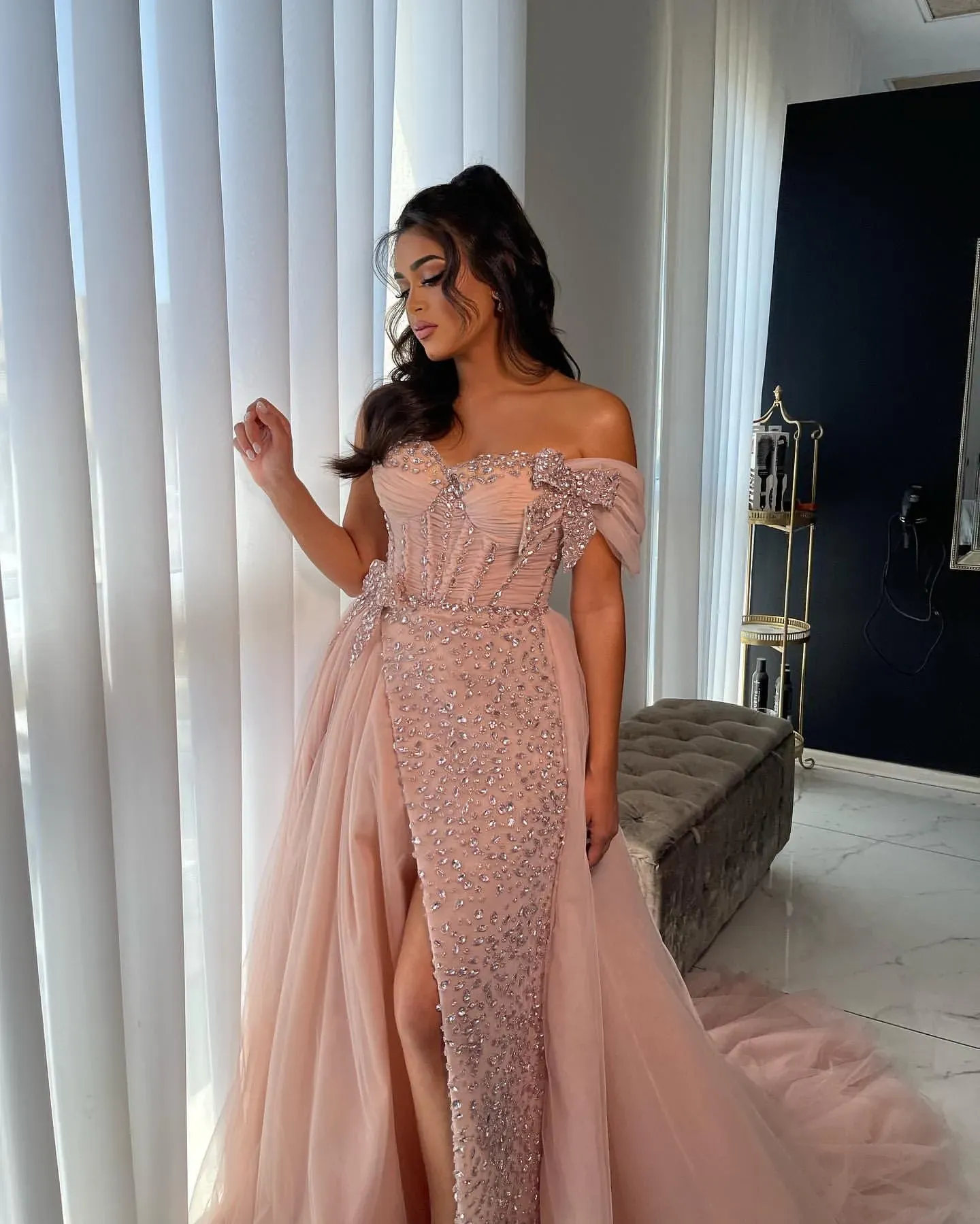 Blush Pink A-E Pink Lace Prom Dress with High Split Tulle for Special Occasions - Perfect for Evening Parties, Receptions, Birthdays, and Engagements
