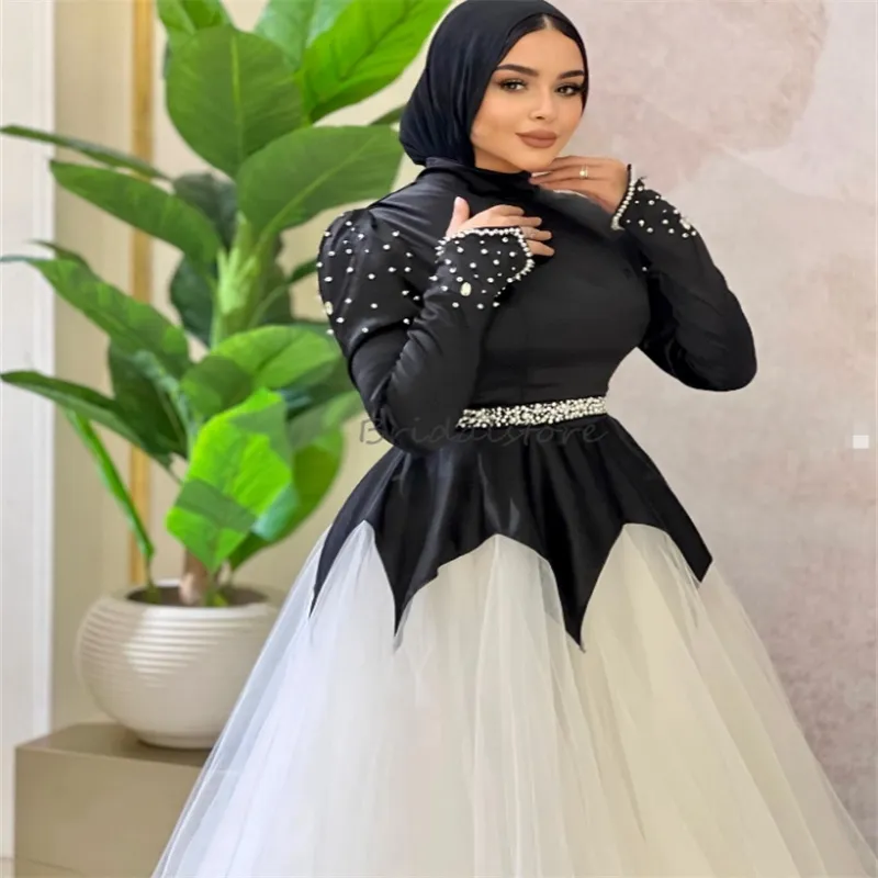 dinner dress black and white for muslimah Vintage Moroccan muslim evening gowns with Beaded Long Sleeves and A-Line Silhouette