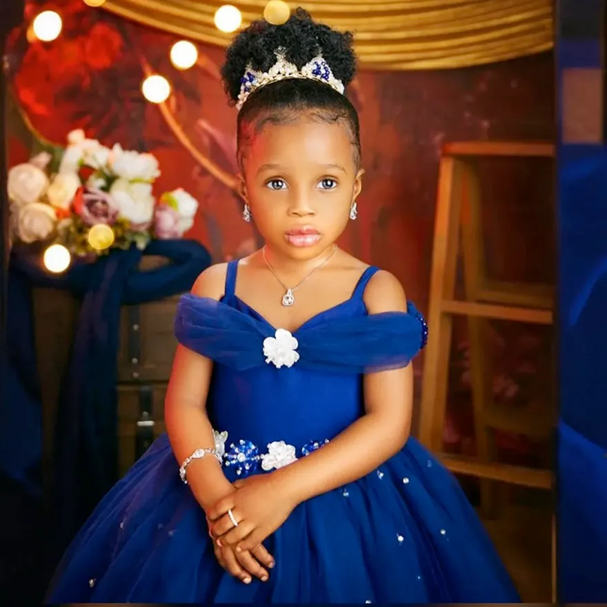 Royal Blue Little Girls Birthday Party Dress - Straps Pearls Tiered Tulle Beaded Princess Gown for Weddings and Special Occasions Royal Blue Little Girls Birthday Party Dress - Straps Pearls Tiered Tulle Beaded Princess Gown for Weddings and Special Occasions