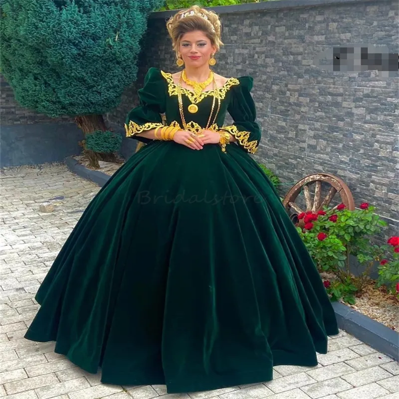 Vintage Albanian Green Ball Gown forest Green Formal dress with Gold Appliques and Long Sleeves - Perfect for Prom, Formal Parties, and Special