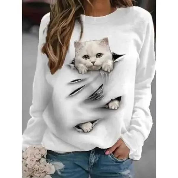 Sociedad De Estampado De Gato 3d 3d De Mujer Lindo Fresco, Cuello