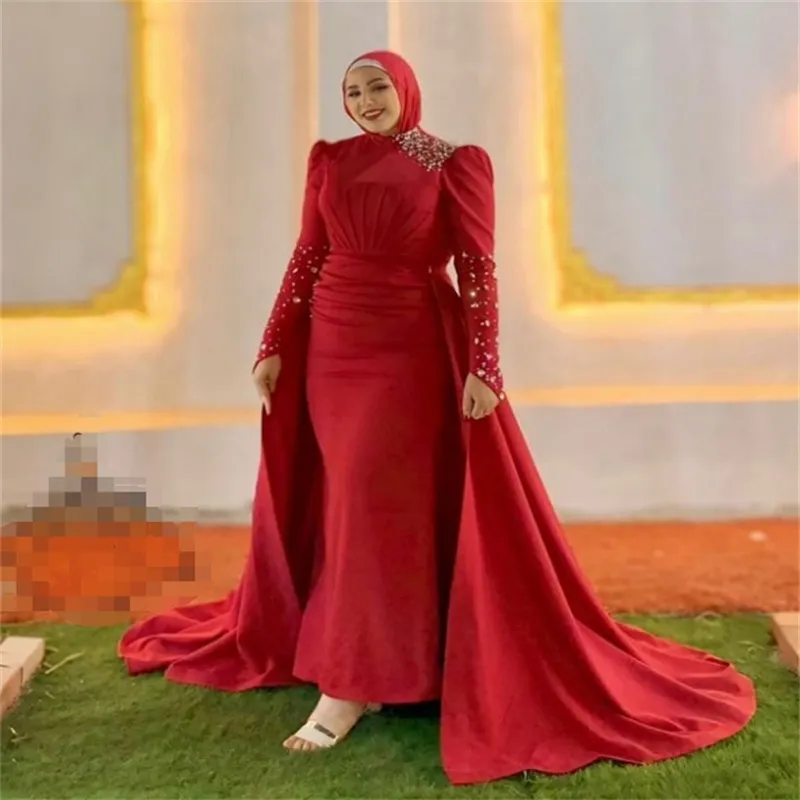 is abaya a formal dress Red Saudi Arabic Evening with Overskirt Train, Plus Size Long Sleeve Moroccan Abaya, Prom Dress for Reception, Engagement, Birthday elegant formal hijab outfits