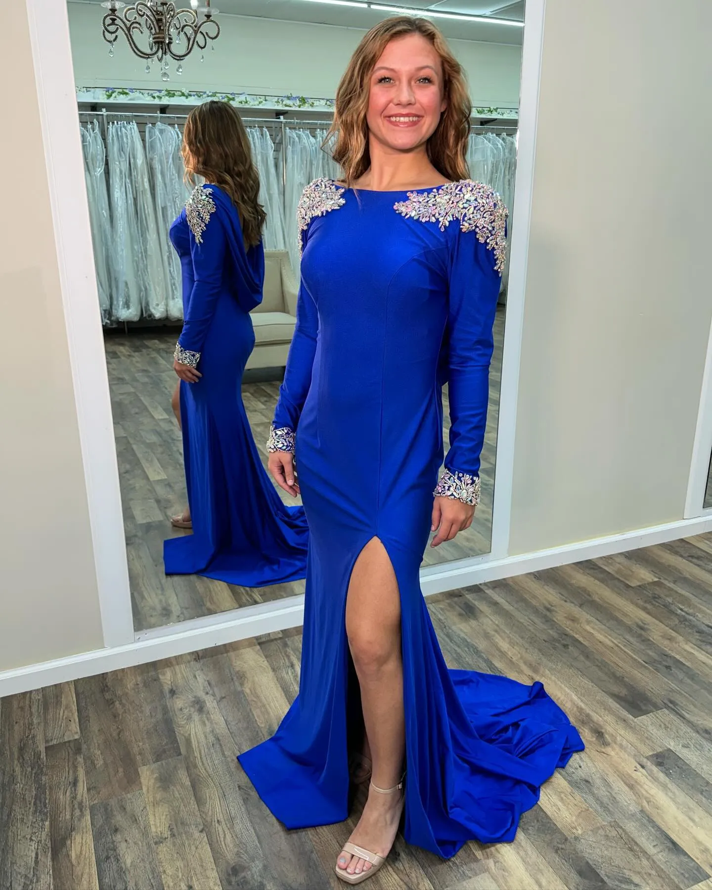 knee length dresses for ladies Iridescent Sequin Blue Pink Feather Long Train Prom Dress