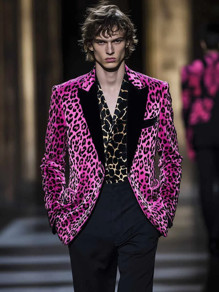 Leopard Print Men's Wedding Velvet Tuxedo with Black Peaked Lapel - Tailored Pants Suit for Birthday Party, Prom, and Groom Wear (2 Pieces)