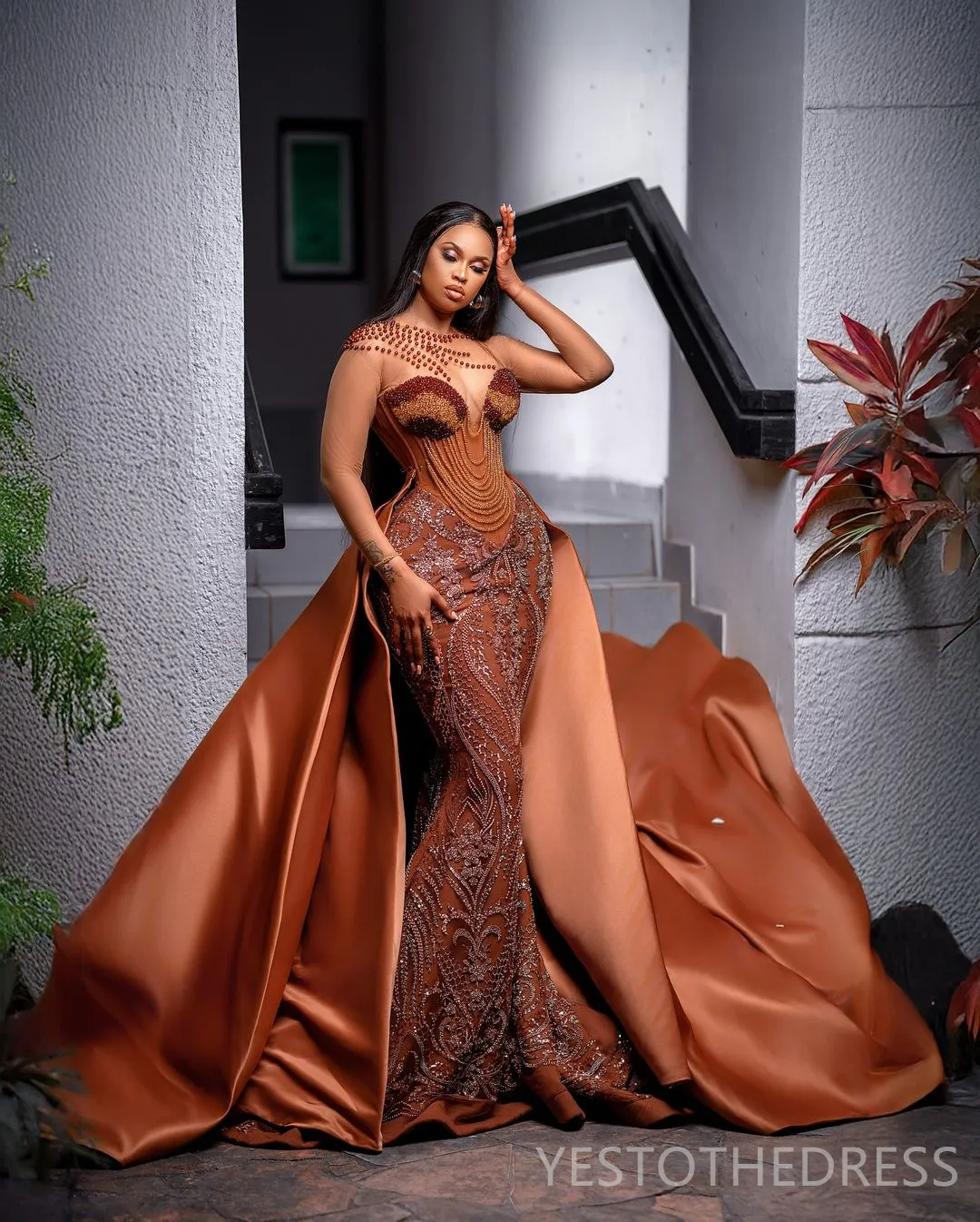 Plus Size Brown Mermaid Big Prom Dresses with Detachable Train, Sheer Neckline, Long Sleeves, Beaded Lace, and Illusion Detail - Perfect for Special Plus Size Brown Mermaid Big Prom Dresses with Detachable Train, Sheer Neckline, Long Sleeves, Beaded Lace, and Illusion Detail - Perfect for Special