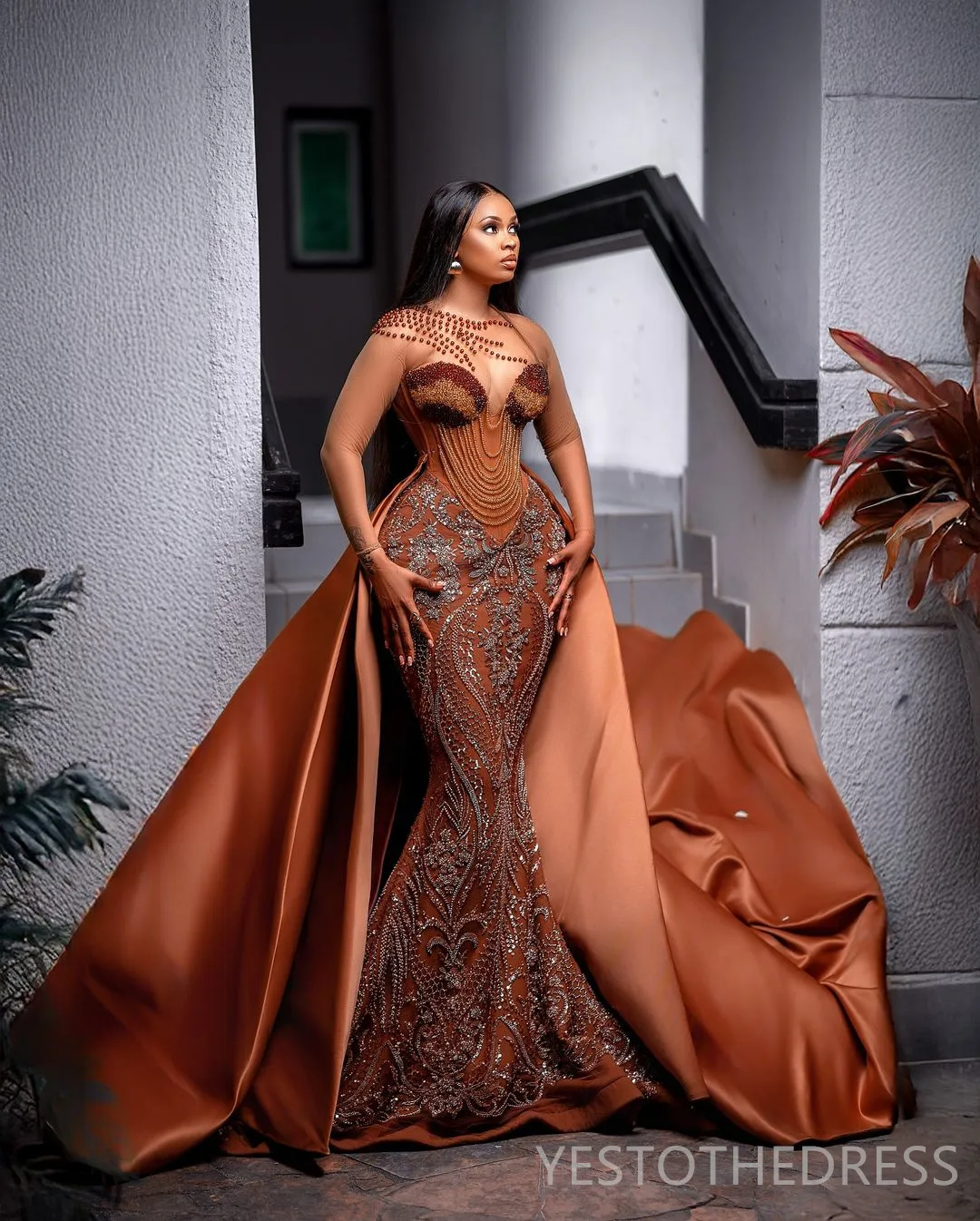 knee length dresses for ladies Brown Velvet Long Sleeve Cutout Customized Prom Dress main image 1