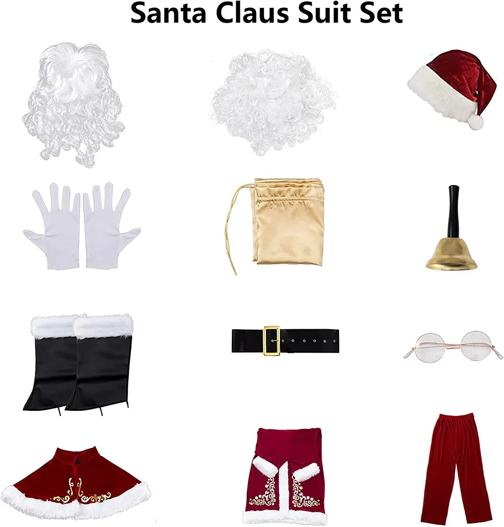 8-Delig Deluxe Kerstman Kostuum Volwassenen - Complete Rode Santa Claus Outfit Met Baard, Cape En Accessoires