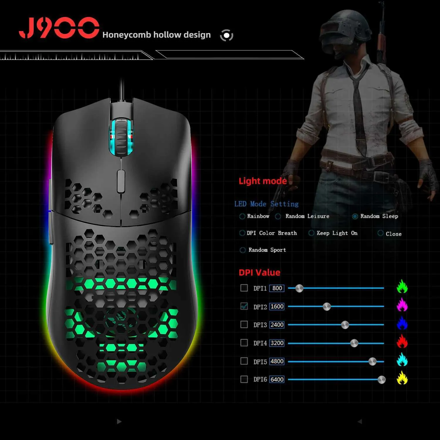 HXSJ J900 USB Wired Gaming Mouse RGB Gaming Mouse with Six Adjustable DPI Ergonomic Design for Desktop Laptop PC Computer OfficeLX241024