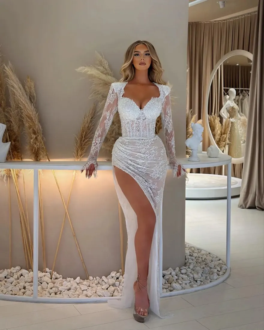 chinese dress ladies See Through Long Sleeve Lace Wedding Dresses Mermaid Wedding Dress with Slit AWD1234 main image 0