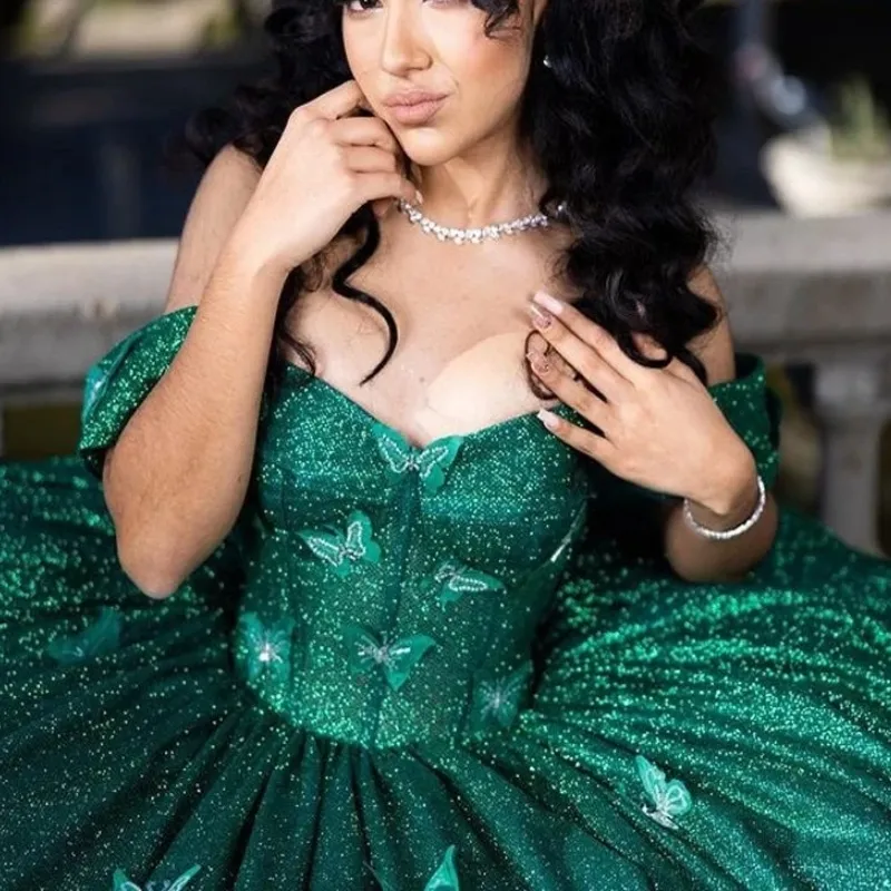 Emerald Green Beaded Dress Shiny Ball Gown: Exquisite Applique Corset  Quinceanera Dress, Mexican Themed Sweet 15 Vestido