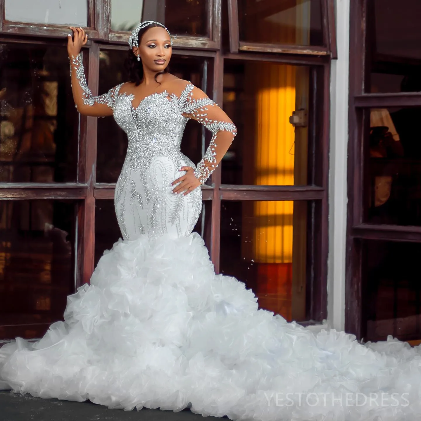 Plus Size African Curvy Mermaid Wedding Dress With Illusion Sheer Neckline Long Sleeves Beaded Lace And Rhinestones For Black Women D379 From Yestothedress 1 202.66 DHgate.Com