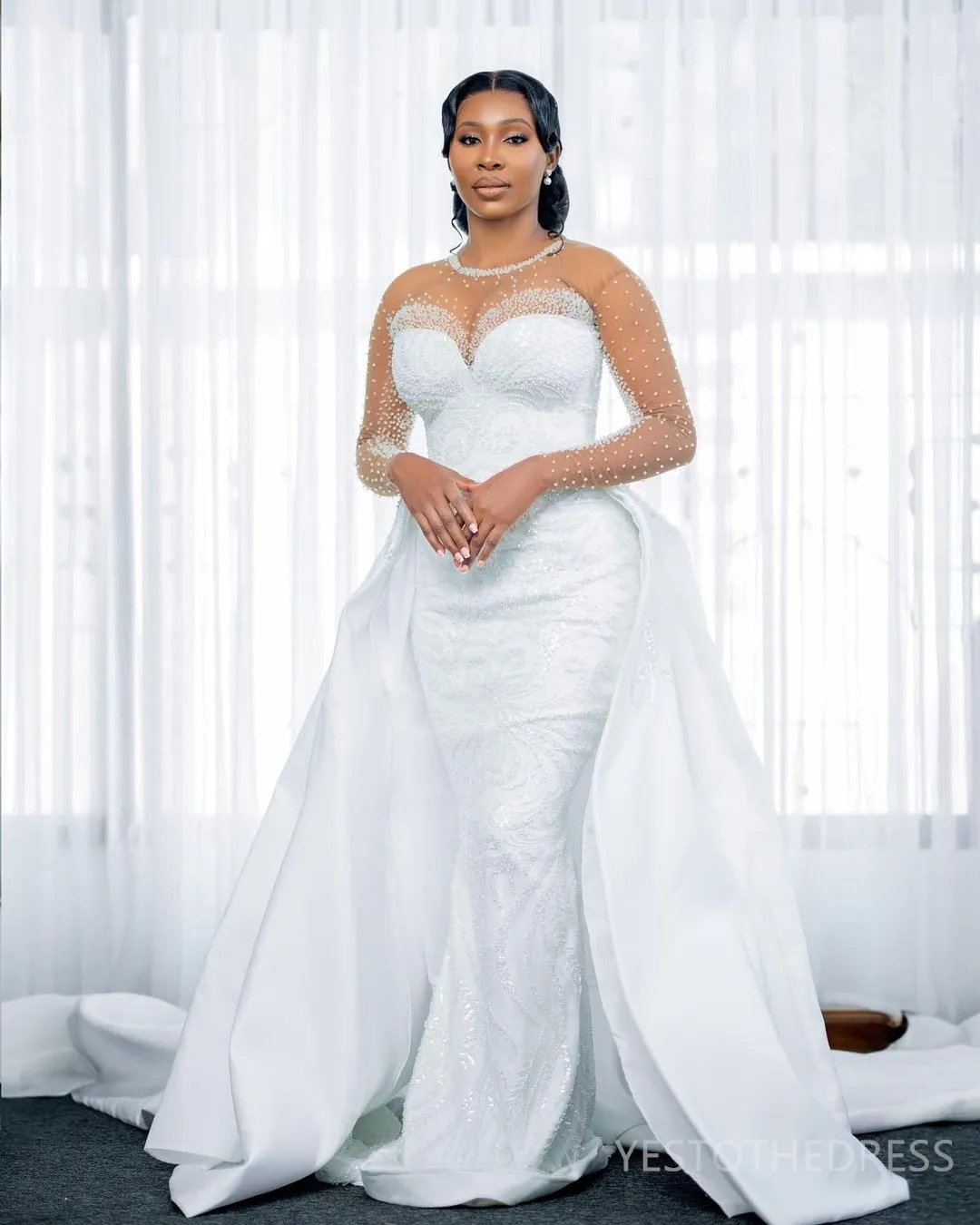 Plus Size African Detachable Train wedding dress with Detachable Train, Sheer Neckline, Long Sleeves, and Illusion Train - Perfect for Black Women in Plus Size African Detachable Train wedding dress with Detachable Train, Sheer Neckline, Long Sleeves, and Illusion Train - Perfect for Black Women in