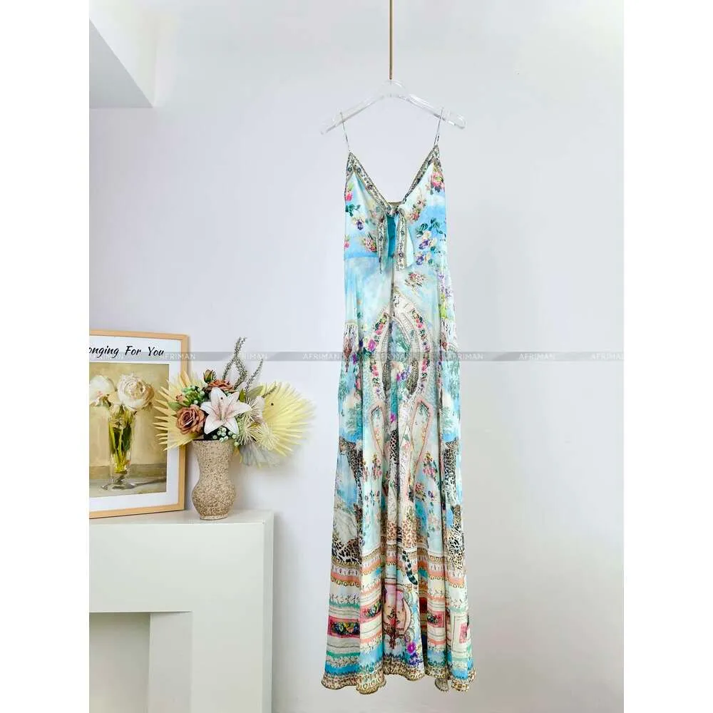 Retro Crystal Beaded V-Neck silk maxi dress with Animal Print for Women - Strapless and Long