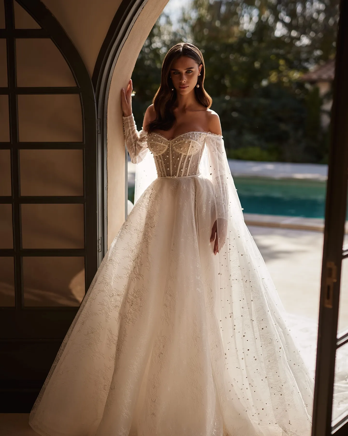 3 4 sleeve off shoulder wedding dress Aspen Off the Shoulder Wedding Dress with Sleeves